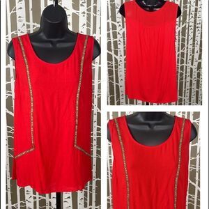 Gauze Front Tribal Ribbon Accent Top in Bright Red sz L